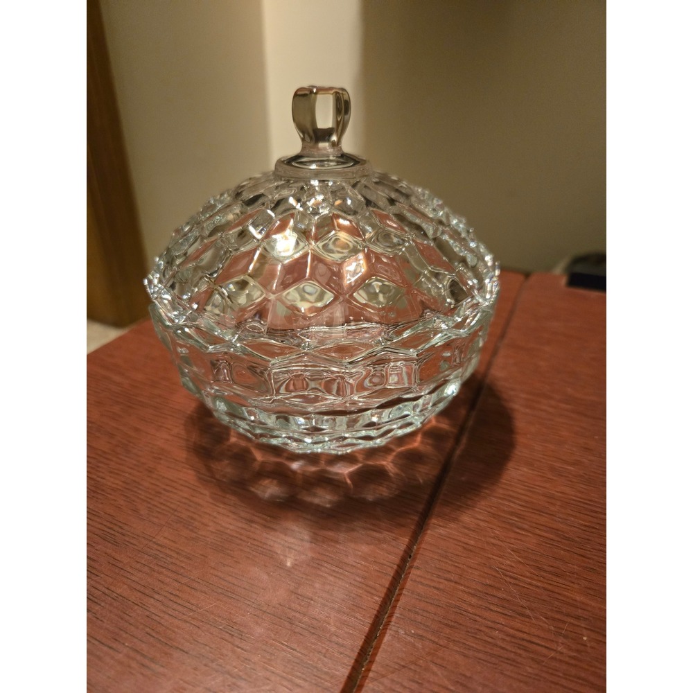 Vintage Clear Cut Glass Candy Dish Scalloped Lidded Trinket Jar Diamond Pattern
